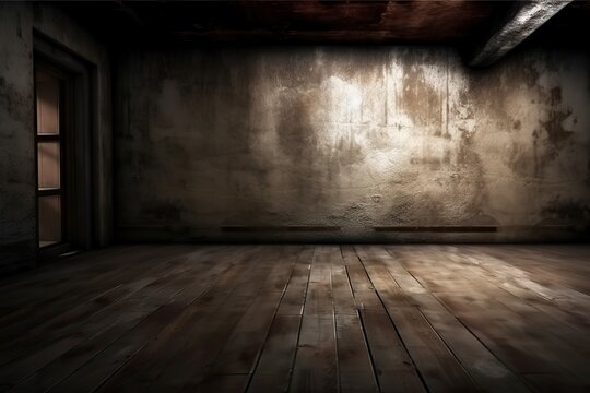 Abandoned dark room with textured walls and empty space., Generative AI