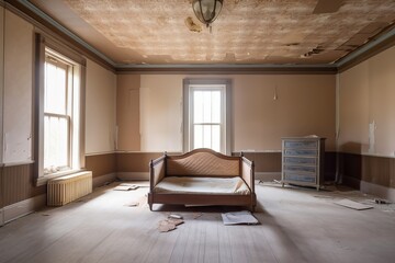 Abandoned bedroom in an old house with beige walls and no furniture, Generative AI
