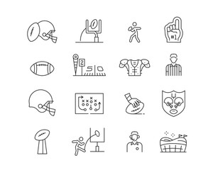 American Football Icon collection containing 16 editable stroke icons. Perfect for logos, stats and infographics. Change the thickness of the line in Adobe Illustrator (or any vector capable app). © Borderline Artistic