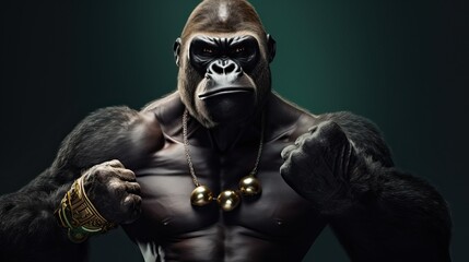 Fototapeta na wymiar Aggressive Gorilla Fists Up Golden Jewelry Ready to Fight in Close-up Shot Generative AI 