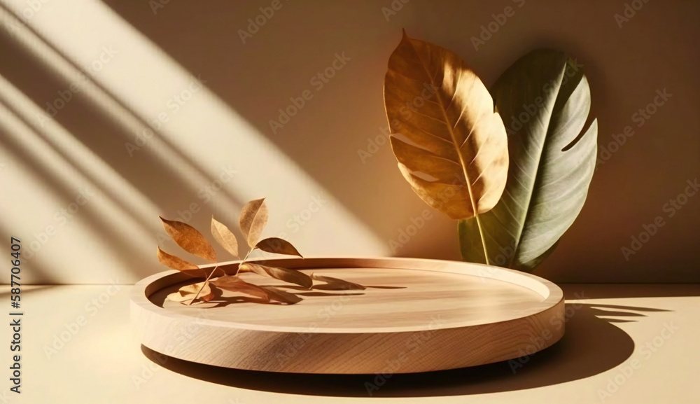 Poster podium template with foliage drop shadow for product. beauty mockup with empty tray presentation. ge