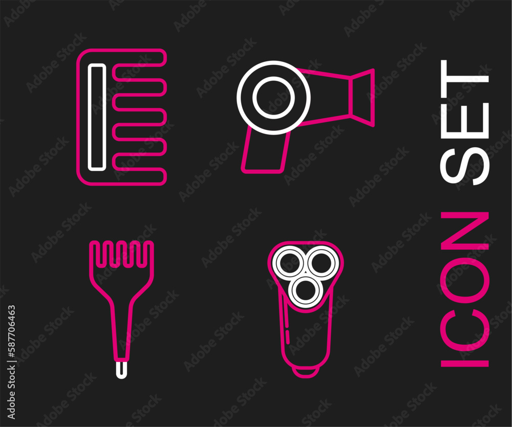 Sticker Set line Electric razor blade for men, Hairbrush, dryer and icon. Vector