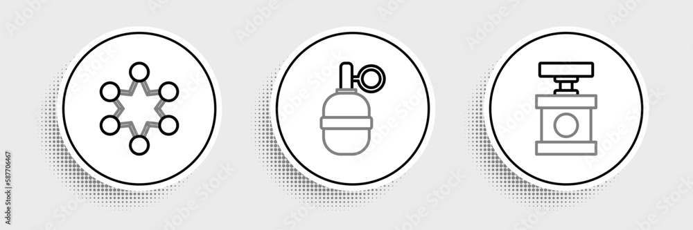 Poster set line handle detonator for dynamite, police badge and grenade icon. vector