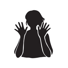 手を開いて顔の前にしてコミュニケーションをとる女性のシルエットイラストト　黒