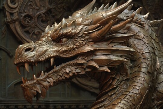 detailed close-up view of a dragon sculpture. Generative AI