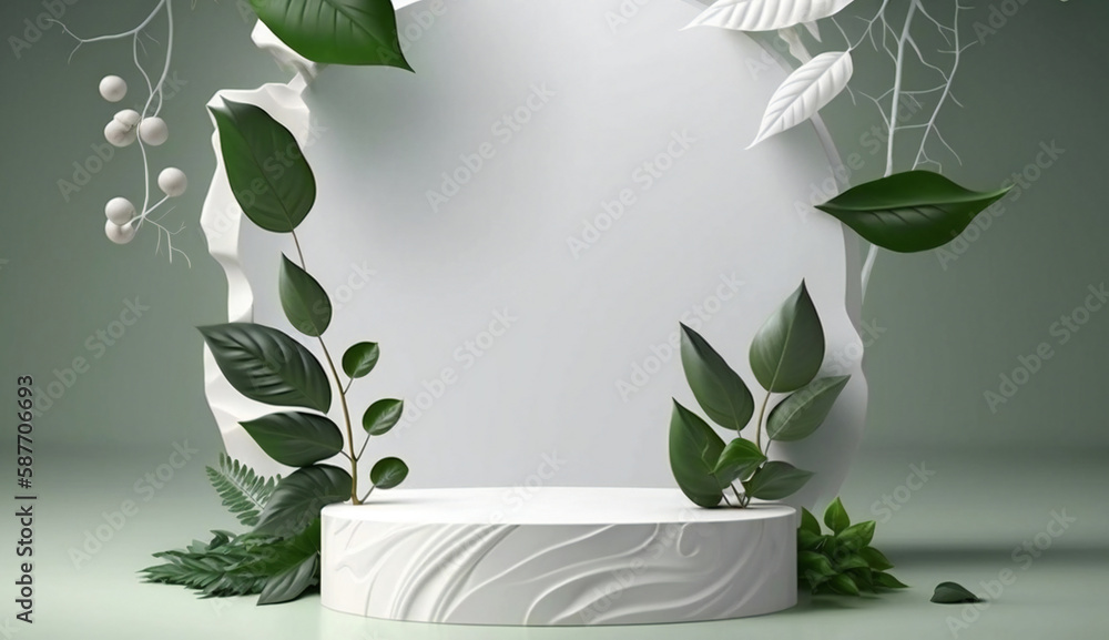 Poster podium template with foliage drop shadow for product. beauty mockup with empty tray presentation. ge
