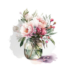 Watercolor bouqet with wild pink and white flowers in vase. Collection magenta flowers, leaves, branches. Design for greetings, card, invitation, flyer, banner.