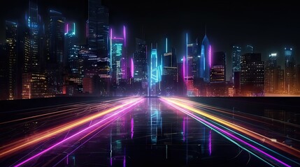 Vibrant neon light streaks on a dark cityscape background