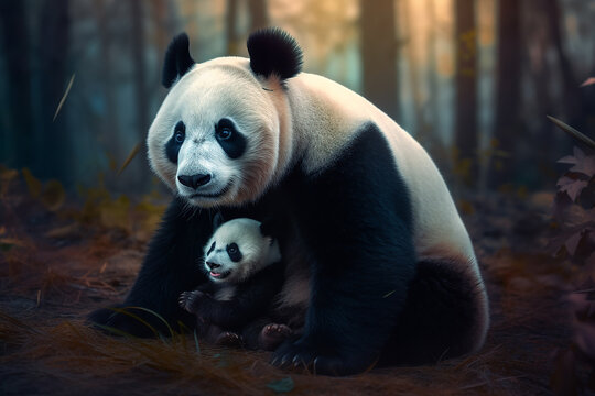 Vertraute Beziehung zwischen Panda-Mutter und ihrem Kind im Wald
Dieses Foto zeigt eine Panda-Mutter und ihr Junges, die im Wald sitzen.