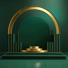 Abstract geometric shape dark green color minimalistic scene with podium, vase and gold flowers. Design for cosmetic or product identity. 3d render. Created with generative AI.