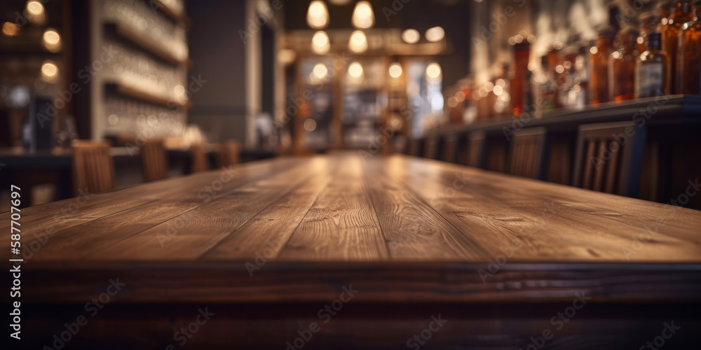 Poster an empty wooden counter table top for product display in a pub or bar. generative ai
