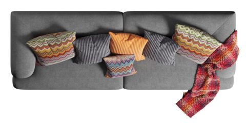 Top view of sofa with cushions and blanket