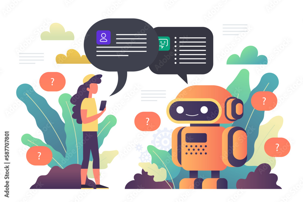 Poster chatbot robot providing online assistance. chat gpt conversation with a person. use of ai in custome