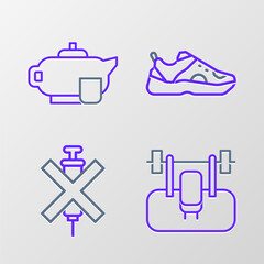 Set line Bench with barbel, No doping syringe, Sport sneakers and Teapot cup icon. Vector