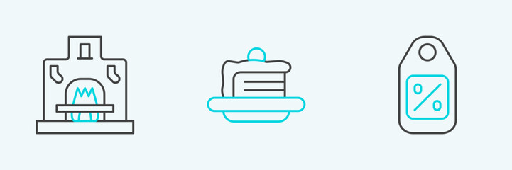 Set line Price tag with Sale, Interior fireplace and Cake icon. Vector