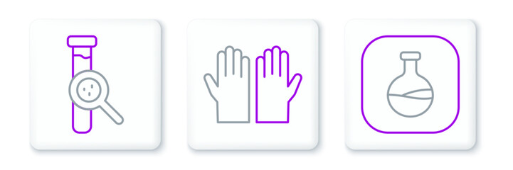 Set line Test tube and flask, and Medical rubber gloves icon. Vector