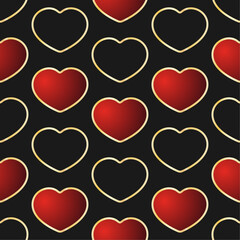 Red hearts vector seamless pattern. Volumetric gradient hearts with gold frames on black background. Best for web, polygraphy, print and St. Valentine's Day decoration.