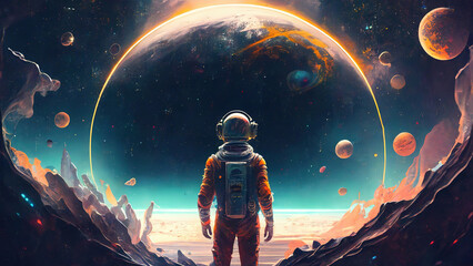 Obraz premium Astronauts look into space,created with Generative AI tecnology.