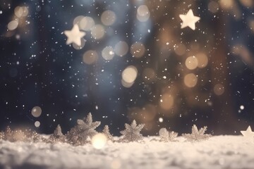 Christmas and New year theme background. Light blue blurred abstract background with snowflake. Created with generative AI.