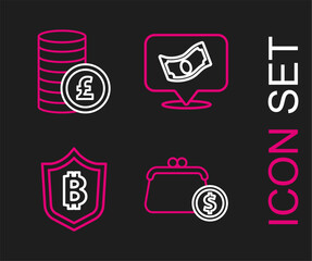 Set line Wallet with coins, Shield bitcoin, Stacks paper money cash and Coin pound icon. Vector