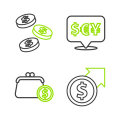 Set line Financial growth and dollar, Wallet with coins, Currency exchange and Coin money icon. Vector