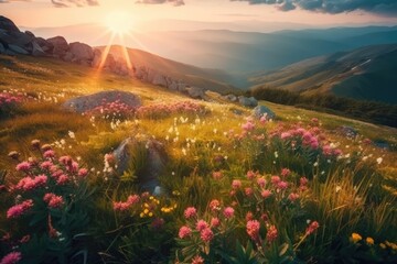 sunlit mountain meadow with vibrant colors. Generative AI