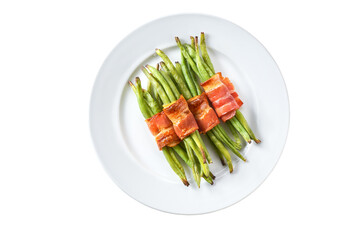 Plate with baked appetizer, bundle of green beans wrapped in bacon isolated on a white background. Top view.
