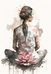 Obraz premium Woman meditating in sitting pose illustration from behind with lotus flower esoteric yogi practice watercolor digital art generative ai