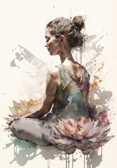 Woman meditating in sitting pose illustration from behind with lotus flower esoteric yogi practice watercolor digital art generative ai