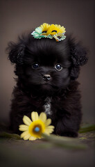 black cute little puppy with rose headband generative ai art