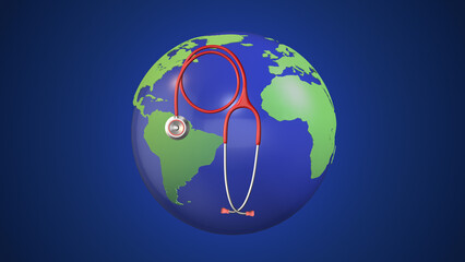 Earth globe and stethoscope on blue background