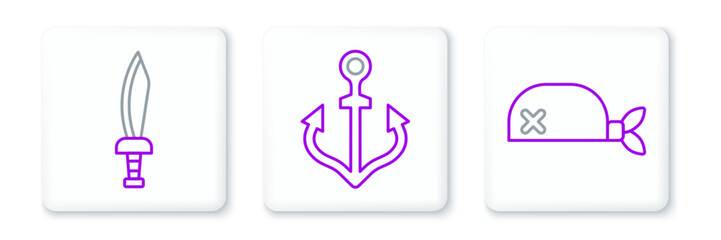 Set line Pirate bandana for head, sword and Anchor icon. Vector