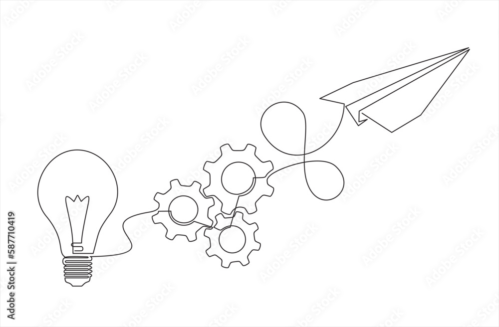 Poster paper plane flying up connected with light bulb and gears in one continuous line drawing. airplane i