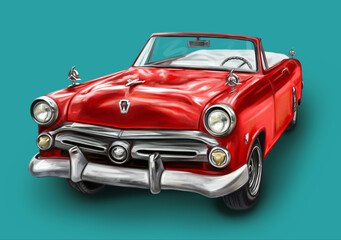 Fototapeta na wymiar A digital drawing of a Ford Crestline on a cyan background. It features the iconic 1950s car with its sleek design, chrome accents, and vintage style. The drawing is highly detailed.
