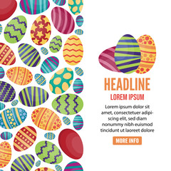 easter eggs, vertical baner. festive painted eggs with colored patterns. vector flat cartoon simple holiday background, landing.