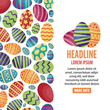 easter eggs, vertical baner. festive painted eggs with colored patterns. vector flat cartoon simple holiday background, landing.
