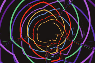 Multicolored motley pattern of curved lines on a black background. Abstract fractal 3D rendering
