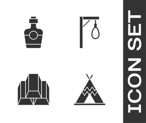 Set Indian teepee or wigwam, Tequila bottle, Gold bars and Gallows icon. Vector