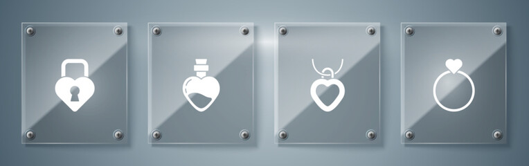 Set Wedding rings, Necklace with heart shaped, Bottle love potion and Castle the of. Square glass panels. Vector