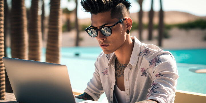 Business person use laptop computer in luxury resort hotel beach club in summer. superlative generative AI image.