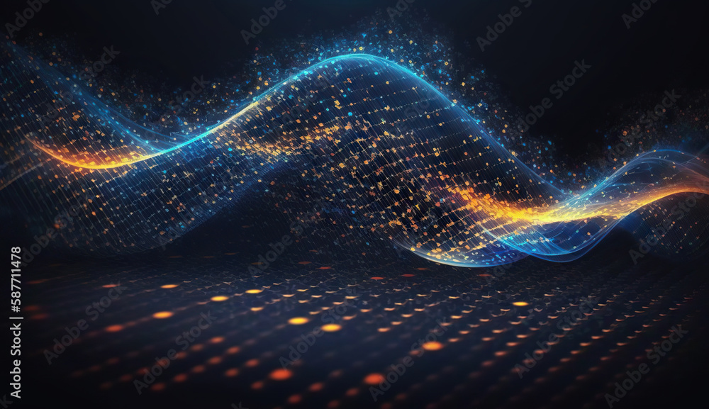 Poster abstract digital network waves and glowing blue and orange particle data on dark background. based o