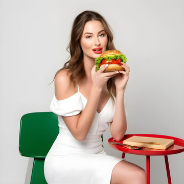 Elegant Beauty holding a Tasty Hamburger