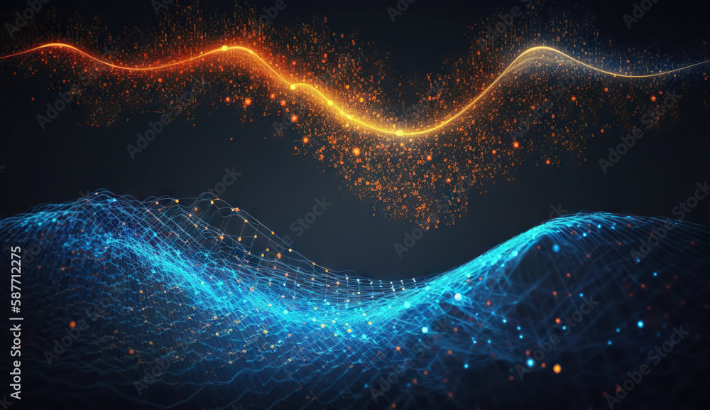 Poster abstract digital network waves and glowing blue and orange particle data on dark background. based o