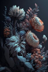 Garden flowers plant pattern for wallpapers, greeting cards, postcards design, wedding invites. Colorful beautiful flowers vertical background. Blossom floral bouquet decoration. Generative AI