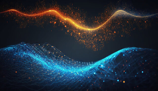 Abstract digital network waves and glowing blue and orange particle data on dark background. Based on Generative AI