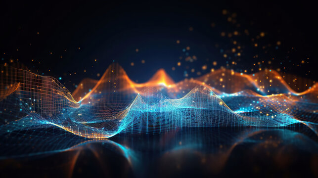 Abstract digital network waves and glowing blue and orange particle data on dark background. Based on Generative AI