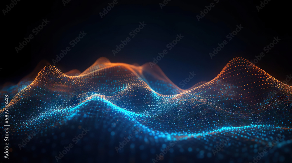 Poster abstract digital network waves and glowing blue and orange particle data on dark background. based o