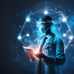 Doctor with virtual documents healthcare network connection concept, generative AI