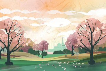 spring landscape with trees and clouds illustration