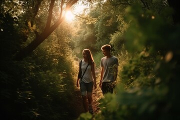 Attractive young couple walking, hiking on a woodland walk trail together